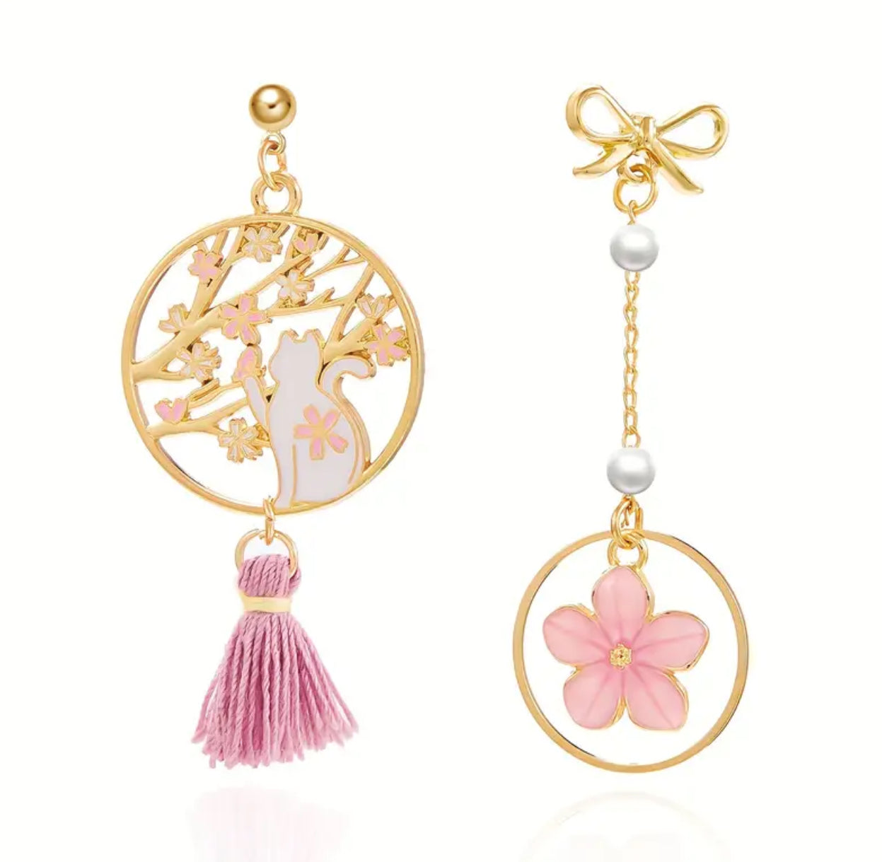Bow & Sakura Cat Oriental Earrings 🌸🇯🇵
