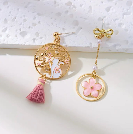 Bow & Sakura Cat Oriental Earrings 🌸🇯🇵